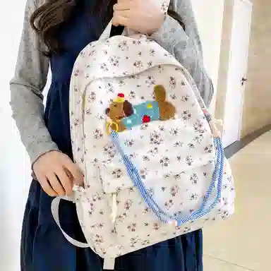 單倉 可爱腊肠狗波点初高中学生书包百搭背包 尼龙 双肩包 常规 女款 多色