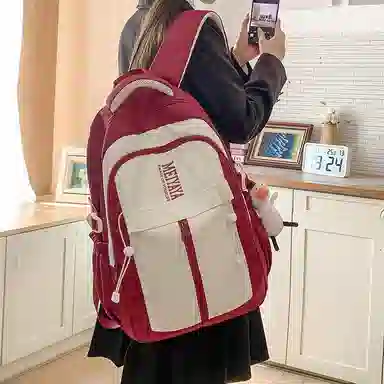 單倉 小众设计初高中学生大容量书包韩版撞色背包 尼龙 双肩包 常规 男女同款情侣款 深蓝色/黑色/粉红色/酒红色/黄色/薄荷绿色