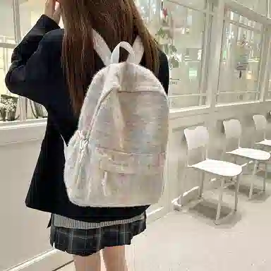 單倉 日系高颜值毛绒针织韩版通勤百搭多巴胺大容量初高中学生书包小众设计 尼龙 背包双肩包 女款 黄色/绿色/白横条/红横条