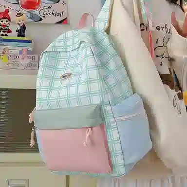 單倉 可爱格子小清新学院风通勤百搭 尼龙 双肩包 常规 女款 粉拼绿色/黄拼蓝色