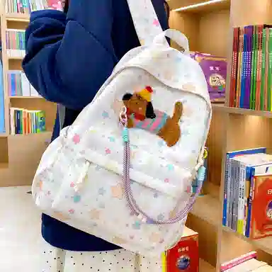 單倉 可爱腊肠狗波点初高中学生书包百搭背包 尼龙 双肩包 常规 女款 多色