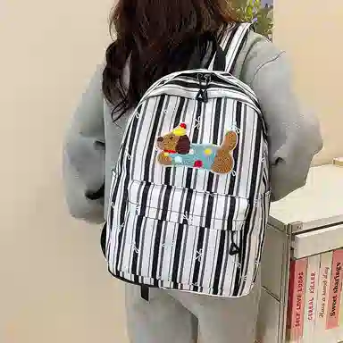 單倉 可爱条纹蝴蝶结腊肠狗小清新设计学院风背包初高中学生大容量轻便耐磨书包 尼龙 双肩包 常规 女款 粉色/蓝色/黑色