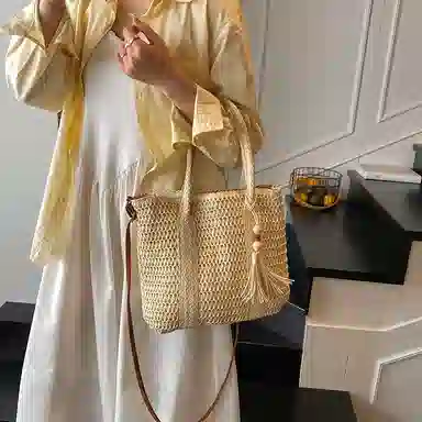 單倉 海边旅行度假编织托特包法式时尚简约百搭 草编 手提斜挎单肩包 女款 卡其色/米白色