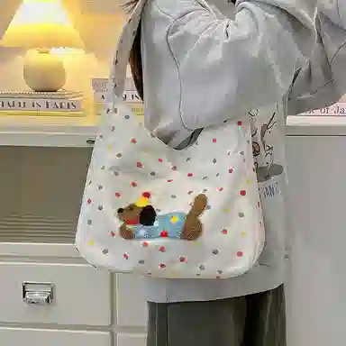 單倉 韩系波点腊肠狗可爱设计斜挎包通勤百搭手提包 涤纶 单肩包 常规 女款 白色/米白色/黑色