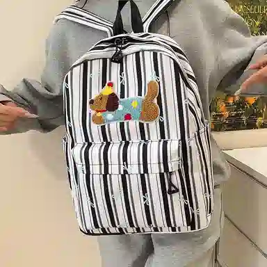 單倉 可爱条纹蝴蝶结腊肠狗小清新设计学院风背包初高中学生大容量轻便耐磨书包 尼龙 双肩包 常规 女款 粉色/蓝色/黑色