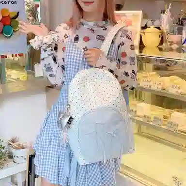 單倉 可爱波点蝴蝶结设计高颜值轻便耐磨背包学院风初高中学生大容量通勤百搭书包 尼龙布 双肩包 常规 女款 黄色/粉色/蓝色