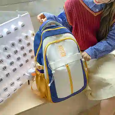 單倉 小众设计初高中学生大容量书包韩版撞色背包 尼龙 双肩包 常规 男女同款情侣款 深蓝色/黑色/粉红色/酒红色/黄色/薄荷绿色