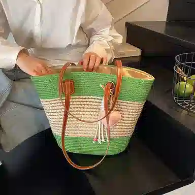 單倉 海边度假沙滩包时尚百搭草编腋下 编织 托特包手提单肩包 女款 卡其色/米白色/粉色/绿色