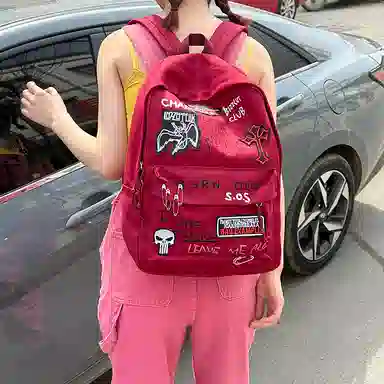 單倉 日系潮酷通勤百搭学院风设计背包初高中学生大容量轻便耐磨 帆布 双肩包 男女同款情侣款 红色/黑色