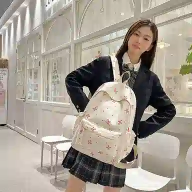 單倉 高颜值小众设计印花背包通勤百搭初高中学生大容量书包 尼龙 双肩包 常规 女款 白红花色/白黑花色/白蓝花色/紫色/黑色