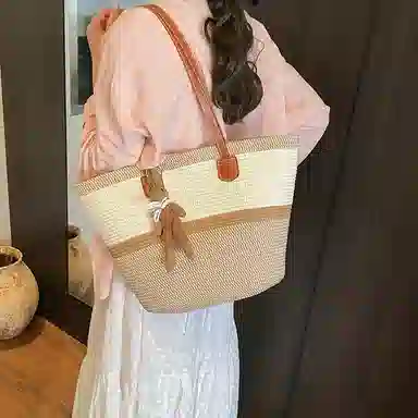 單倉 编织海边沙滩托特包 草编 手提单肩包 女款 卡其色/黑色
