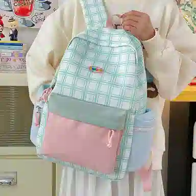 單倉 可爱格子小清新学院风通勤百搭 尼龙 双肩包 常规 女款 粉拼绿色/黄拼蓝色