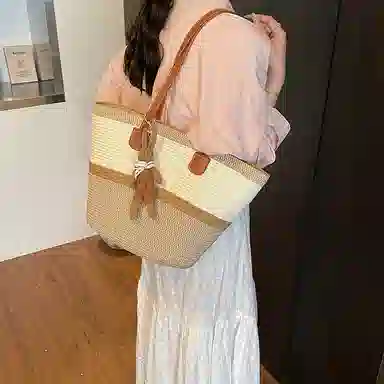 單倉 编织海边沙滩托特包 草编 手提单肩包 女款 卡其色/黑色