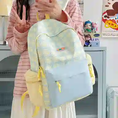 單倉 可爱格子小清新学院风通勤百搭 尼龙 双肩包 常规 女款 粉拼绿色/黄拼蓝色