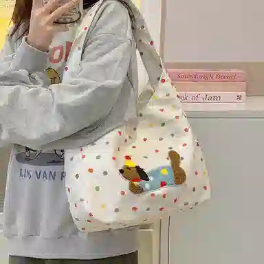 單倉 韩系波点腊肠狗可爱设计斜挎包通勤百搭手提包 涤纶 单肩包 常规 女款 白色/米白色/黑色