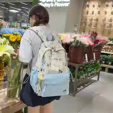 單倉 高颜值印花设计学院风轻便耐磨书包初高中学生大容量通勤百搭背包 尼龙 双肩包 常规 男女同款情侣款 黑色/粉色/蓝色/绿色/黄色