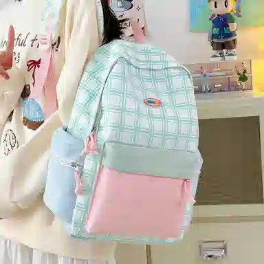 單倉 可爱格子小清新学院风通勤百搭 尼龙 双肩包 常规 女款 粉拼绿色/黄拼蓝色