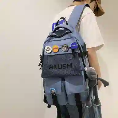 單倉 港风潮流初高中学生大容量轻便书包 尼龙 背包双肩包 男女同款情侣款 黑色/白色/蓝色/灰色