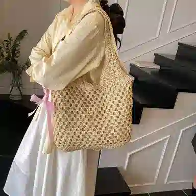單倉 慵懒风编制包海边度假沙滩休闲百搭 草编 单肩包 常规 女款 米白色/卡其色