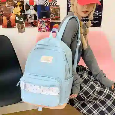 單倉 高颜值小清新印花设计通勤百搭学院风背包初高中轻便耐磨 尼龙布 双肩包 女款 白色/粉色/蓝色/绿色/黑色