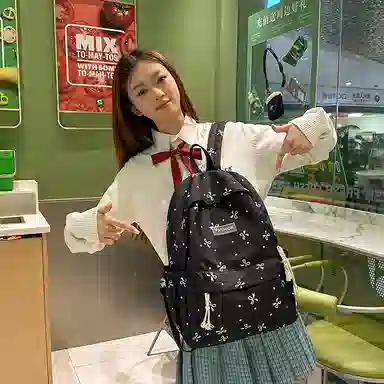 單倉 高颜值小众设计印花背包通勤百搭初高中学生大容量书包 尼龙 双肩包 常规 女款 白红花色/白黑花色/白蓝花色/紫色/黑色