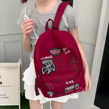單倉 日系潮酷通勤百搭学院风设计背包初高中学生大容量轻便耐磨 帆布 双肩包 男女同款情侣款 红色/黑色