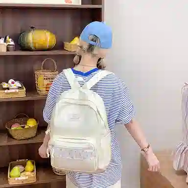 單倉 高颜值小清新印花设计通勤百搭学院风背包初高中轻便耐磨 尼龙布 双肩包 女款 白色/粉色/蓝色/绿色/黑色