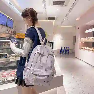 單倉 高颜值小众设计印花背包通勤百搭初高中学生大容量书包 尼龙 双肩包 常规 女款 白红花色/白黑花色/白蓝花色/紫色/黑色