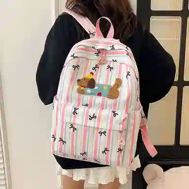 單倉 可爱条纹蝴蝶结腊肠狗小清新设计学院风背包初高中学生大容量轻便耐磨书包 尼龙 双肩包 常规 女款 粉色/蓝色/黑色