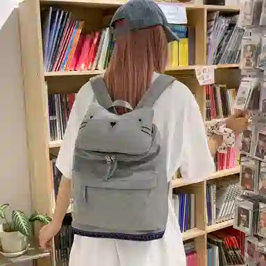 單倉 可爱猫咪卡通时尚设计学院风轻便耐磨背包精致高品质初高中学生大容量通勤百搭书包 尼龙布 双肩包 常规 男女同款情侣款 灰色