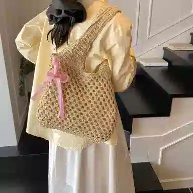 單倉 慵懒风编制包海边度假沙滩休闲百搭 草编 单肩包 常规 女款 米白色/卡其色