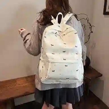 單倉 温柔日系可爱腊肠狗书包初高中学生碎花轻便百搭 尼龙 背包双肩包 女款 米白色