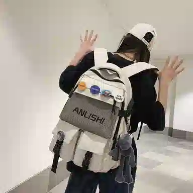 單倉 港风潮流初高中学生大容量轻便书包 尼龙 背包双肩包 男女同款情侣款 黑色/白色/蓝色/灰色