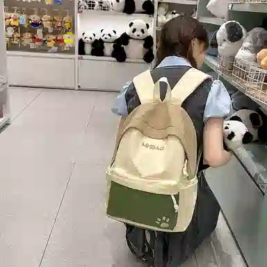 單倉 高颜值时尚撞色设计学院风通勤百搭背包旅行简约初高中学生大容量轻便耐磨书包 尼龙 双肩包 常规 女款 米白色/卡其色/黄色