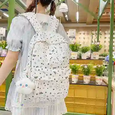 單倉 高颜值时尚星星卡通印花设计学院风通勤百搭背包初高中学生大容量轻便耐磨书包 尼龙 双肩包 常规 女款 白色/粉色/蓝色/黑色