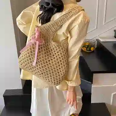 單倉 慵懒风编制包海边度假沙滩休闲百搭 草编 单肩包 常规 女款 米白色/卡其色