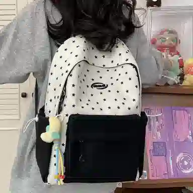 單倉 高颜值星星印花设计通勤百搭学院风背包初高中学生大容量轻便耐磨书包 尼龙布 双肩包 常规 女款 粉色/蓝色/黄色/绿色/黑色