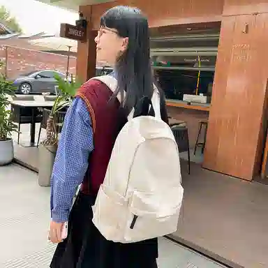 單倉 时尚简约纯色初高中学生大容量轻便学院风百搭书包 尼龙 背包双肩包 常规 男女同款情侣款 黑色/酒红色/浅蓝色/米白色