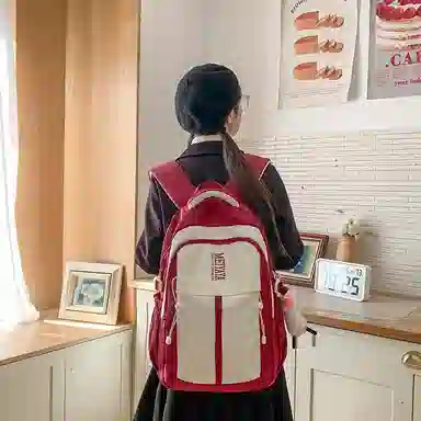 單倉 小众设计初高中学生大容量书包韩版撞色背包 尼龙 双肩包 常规 男女同款情侣款 深蓝色/黑色/粉红色/酒红色/黄色/薄荷绿色