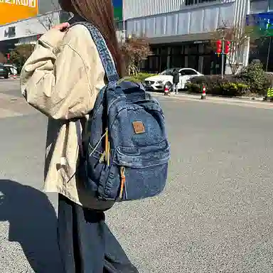 單倉 复古简约个性初高中学生大容量轻便百搭书包 牛仔布 背包双肩包 常规 男女同款情侣款 黑色/浅蓝色/深蓝色