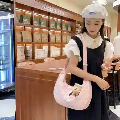 單倉 韩版高颜值初高中学生大容量斜挎包时尚设计百搭手提包帆布包 帆布 手拎单肩包 女款 白色/粉色/黄色/黑色
