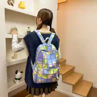單倉 多巴胺七彩初高中学生复古格子通勤百搭大容量 尼龙 背包书包双肩包 女款 蓝绿色/紫粉色/蓝紫色/蓝白色