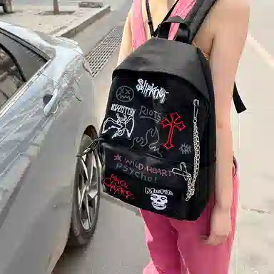 單倉 日系潮酷通勤百搭学院风设计背包初高中学生大容量轻便耐磨 帆布 双肩包 男女同款情侣款 红色/黑色