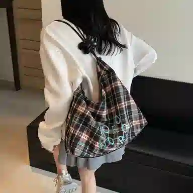 單倉 复古休闲慵懒风格子时尚设计轻便耐磨腋下斜挎包学院风初高中学生通勤百搭 布 单肩包 常规 女款 绿色/蓝色/黑色