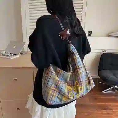 單倉 复古休闲慵懒风格子时尚设计轻便耐磨腋下斜挎包学院风初高中学生通勤百搭 布 单肩包 常规 女款 绿色/蓝色/黑色