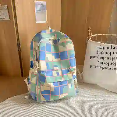 單倉 多巴胺七彩初高中学生复古格子通勤百搭大容量 尼龙 背包书包双肩包 女款 蓝绿色/紫粉色/蓝紫色/蓝白色