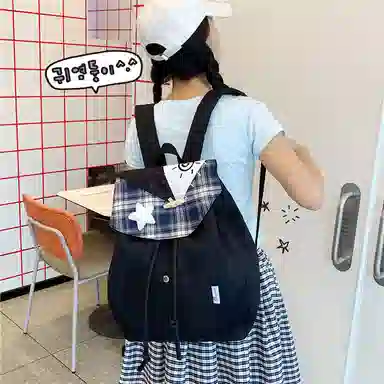 單倉 高颜值星星格子学院风设计日常通勤百搭背包初高中学生大容量休闲简约书包 帆布 双肩包 常规 男女同款情侣款 灰色/黑色