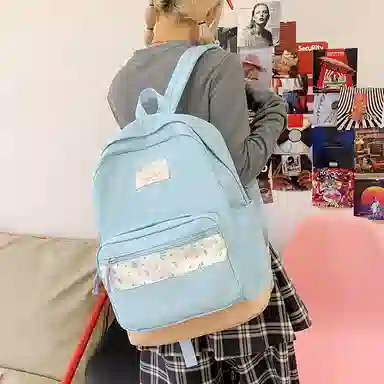 單倉 高颜值小清新印花设计通勤百搭学院风背包初高中轻便耐磨 尼龙布 双肩包 女款 白色/粉色/蓝色/绿色/黑色