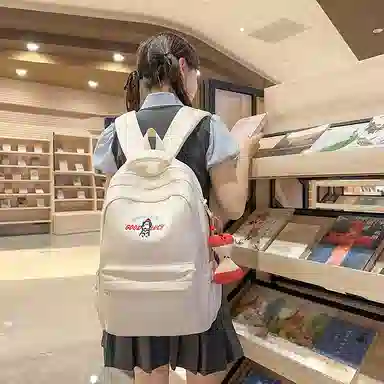 單倉 高级感简约可爱小狗卡通设计通勤百搭背包初高中学生大容量轻便耐磨书包 尼龙 双肩包 常规 男女同款情侣款 白色/黄色/蓝色/黑色