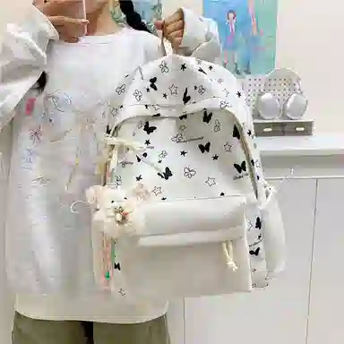 單倉 高颜值蝴蝶印花时尚设计通勤百搭学院风背包初高中学生大容量轻便耐磨书包 牛津布 双肩包 常规 女款 白色/黄色/绿色/蓝色/粉色
